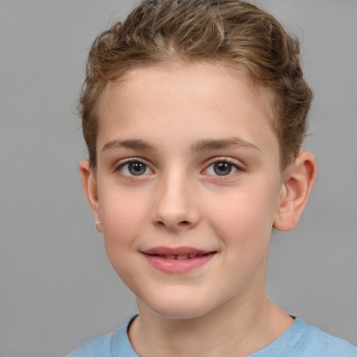 Joyful white child female with short  brown hair and brown eyes