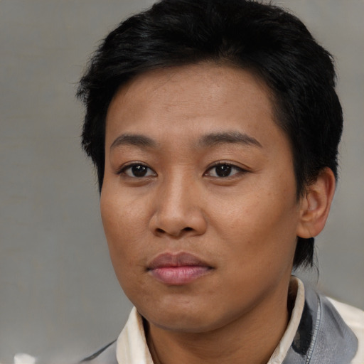 Neutral asian young-adult female with short  black hair and brown eyes