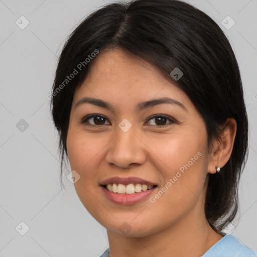 Joyful white young-adult female with medium  brown hair and brown eyes