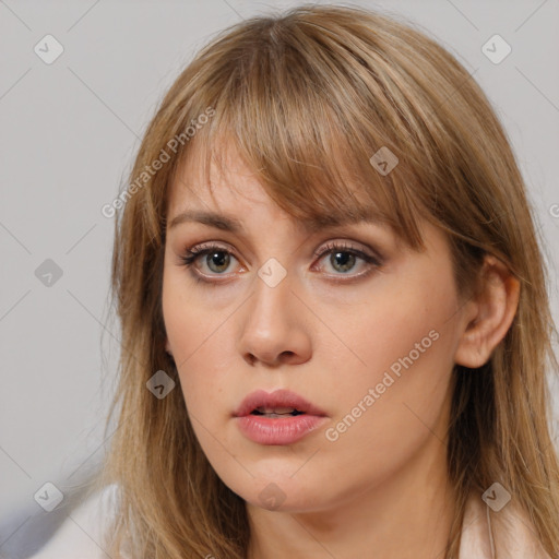 Neutral white young-adult female with long  brown hair and brown eyes