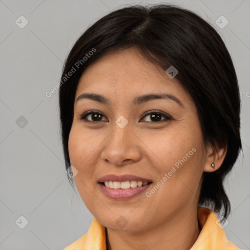 Joyful asian young-adult female with medium  brown hair and brown eyes