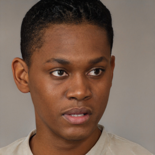 Neutral black young-adult male with short  brown hair and brown eyes