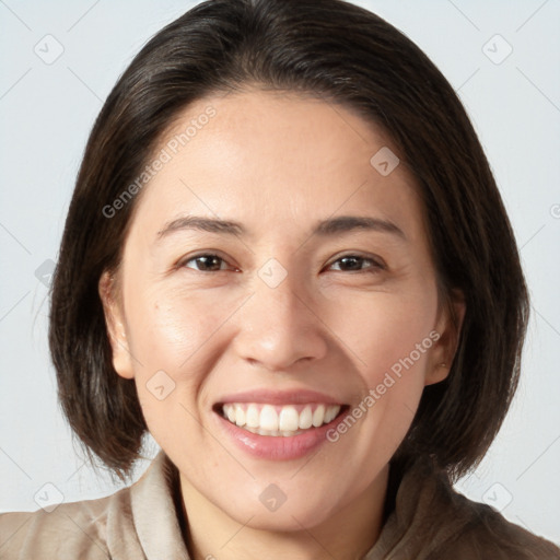 Joyful white young-adult female with medium  brown hair and brown eyes