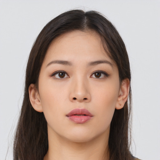 Neutral asian young-adult female with long  brown hair and brown eyes