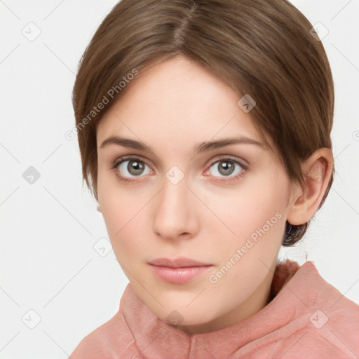 Neutral white young-adult female with short  brown hair and brown eyes