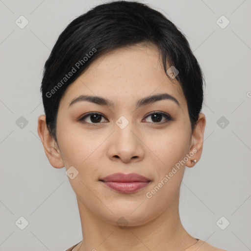 Joyful asian young-adult female with short  black hair and brown eyes