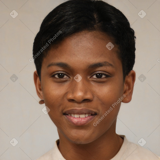 Joyful black young-adult female with short  black hair and brown eyes