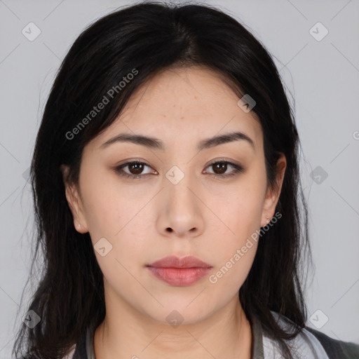 Neutral asian young-adult female with medium  black hair and brown eyes