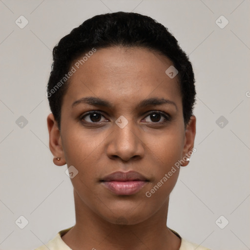 Joyful latino young-adult female with short  black hair and brown eyes