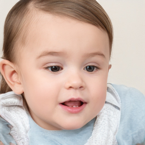 Neutral white child female with medium  brown hair and blue eyes