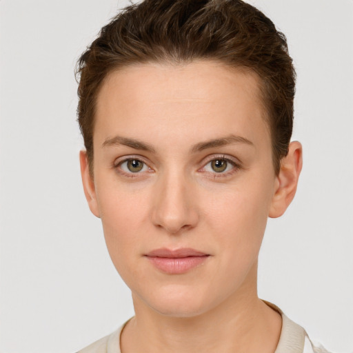 Neutral white young-adult female with short  brown hair and brown eyes