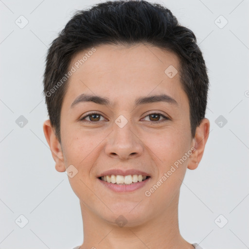 Joyful white young-adult female with short  brown hair and brown eyes