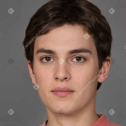 Neutral white young-adult male with short  brown hair and brown eyes