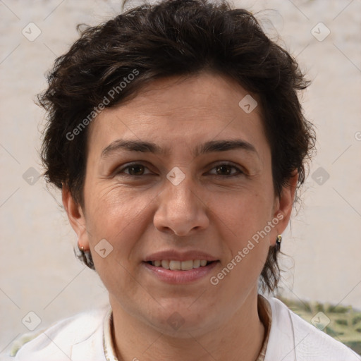 Joyful white adult female with short  brown hair and brown eyes