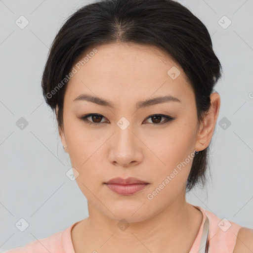 Neutral asian young-adult female with medium  brown hair and brown eyes