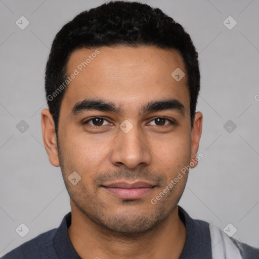 Neutral latino young-adult male with short  black hair and brown eyes