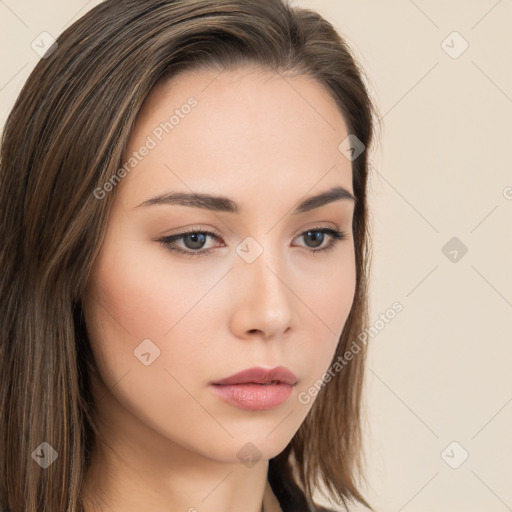 Neutral white young-adult female with long  brown hair and brown eyes