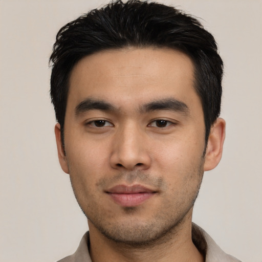 Neutral asian young-adult male with short  black hair and brown eyes