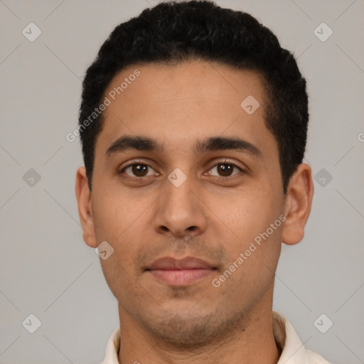 Neutral latino young-adult male with short  black hair and brown eyes