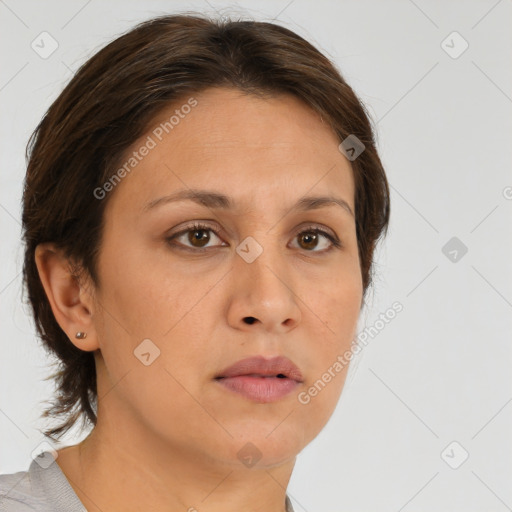 Neutral white young-adult female with short  brown hair and brown eyes