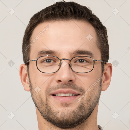 Joyful white young-adult male with short  brown hair and brown eyes