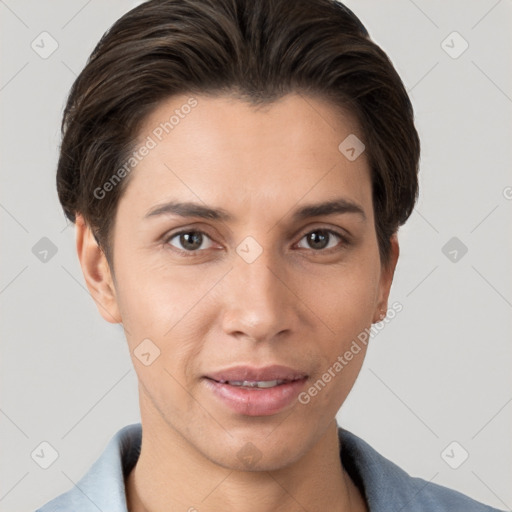 Joyful white young-adult female with short  brown hair and brown eyes