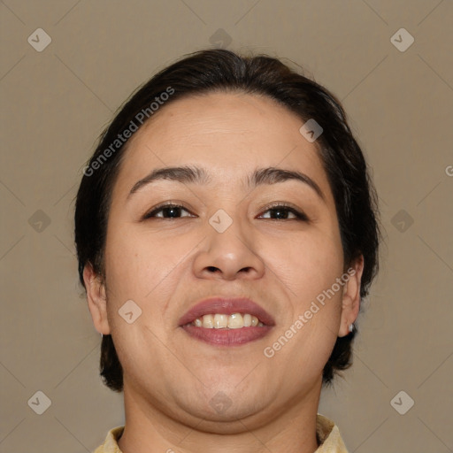 Joyful white young-adult female with medium  brown hair and brown eyes