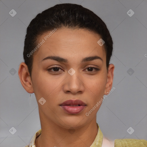 Joyful latino young-adult female with short  brown hair and brown eyes