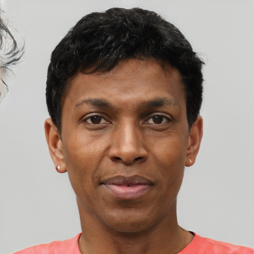 Joyful black adult male with short  black hair and brown eyes
