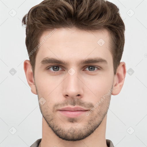 Neutral white young-adult male with short  brown hair and grey eyes