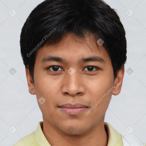 Neutral asian young-adult male with short  brown hair and brown eyes
