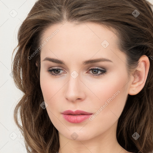 Neutral white young-adult female with long  brown hair and grey eyes