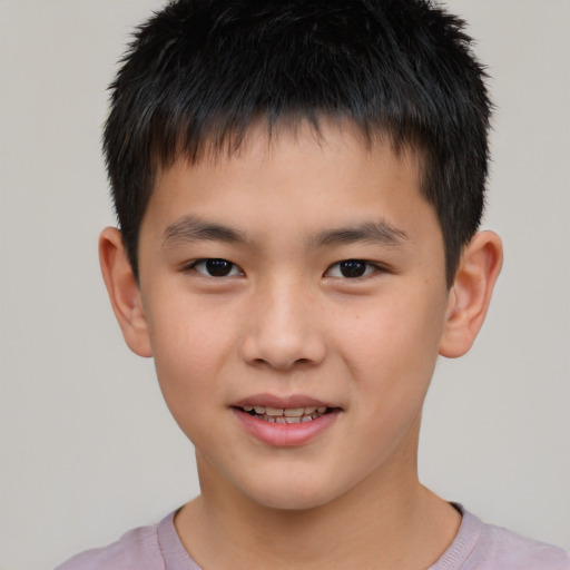 Joyful asian child male with short  brown hair and brown eyes