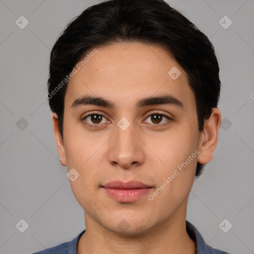 Joyful white young-adult male with short  black hair and brown eyes