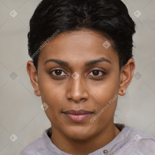 Joyful latino young-adult female with short  black hair and brown eyes