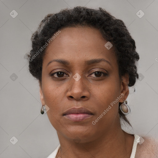 Neutral black adult female with short  brown hair and brown eyes