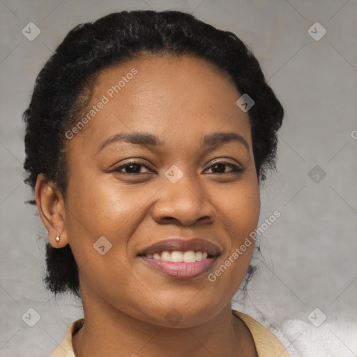 Joyful latino young-adult female with short  brown hair and brown eyes