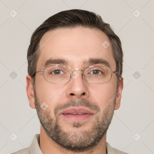 Neutral white adult male with short  brown hair and brown eyes