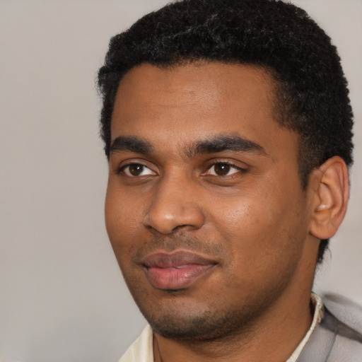 Neutral black young-adult male with short  black hair and brown eyes