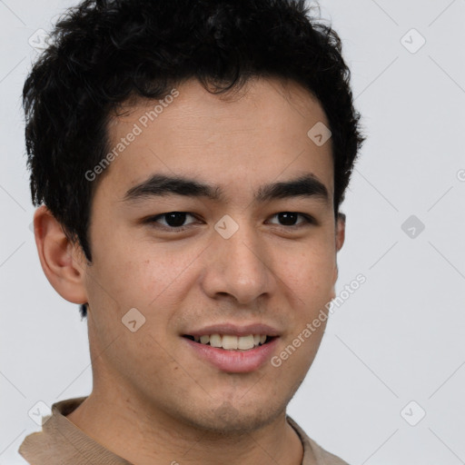 Joyful latino young-adult male with short  brown hair and brown eyes