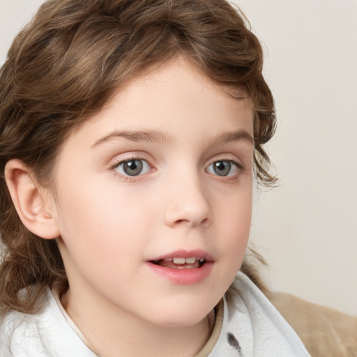 Neutral white child female with medium  brown hair and grey eyes