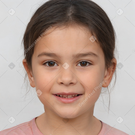 Joyful white child female with medium  brown hair and brown eyes