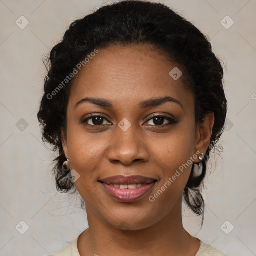 Joyful black young-adult female with medium  brown hair and brown eyes