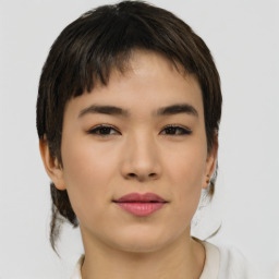 Joyful asian young-adult female with short  brown hair and brown eyes