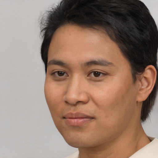 Joyful asian young-adult male with short  black hair and brown eyes