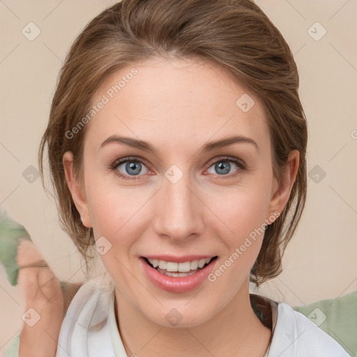 Joyful white young-adult female with medium  brown hair and blue eyes