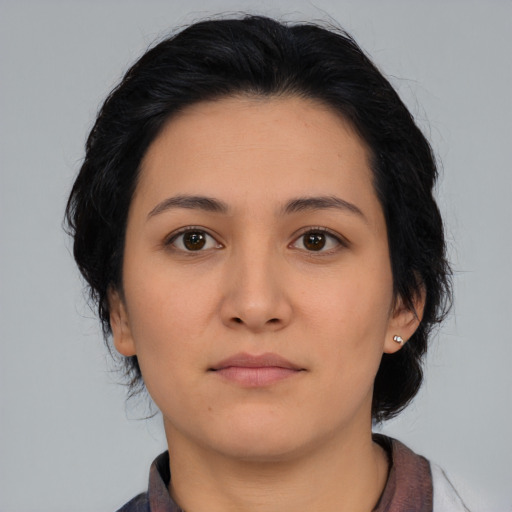 Neutral asian young-adult female with medium  black hair and brown eyes