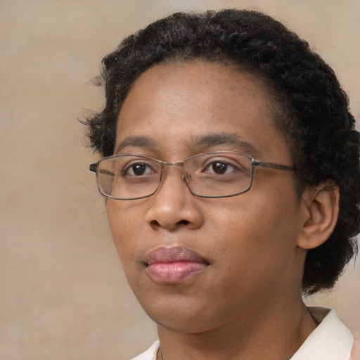 Joyful black adult female with short  black hair and brown eyes