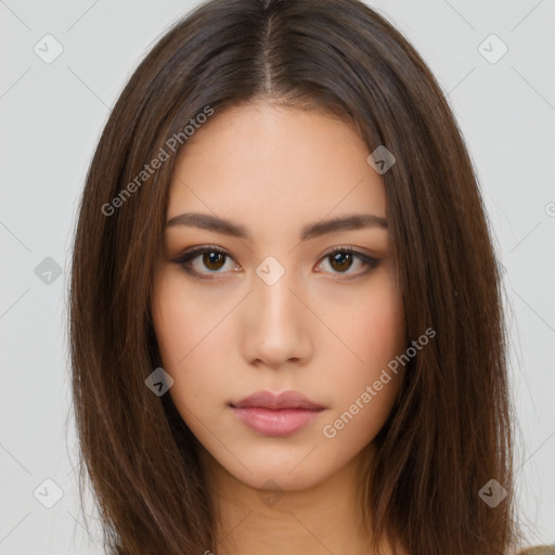 Neutral white young-adult female with long  brown hair and brown eyes