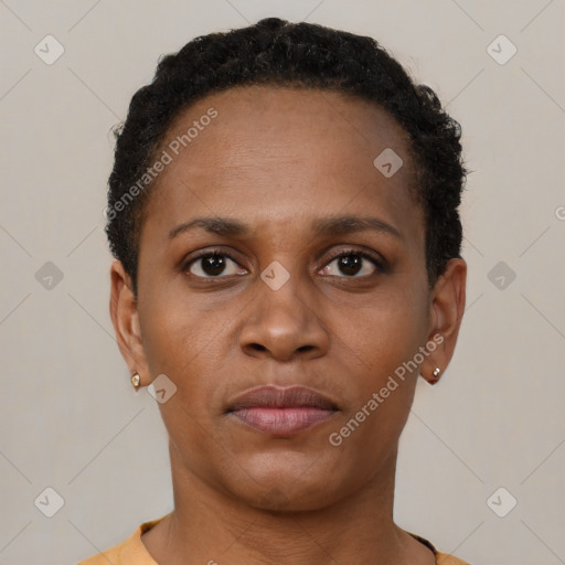 Neutral black young-adult female with short  brown hair and brown eyes